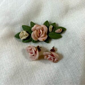 Vintage Avon Porcelain Petals Brooch and Earring Set